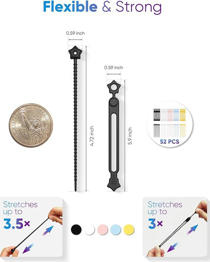52 Pack Silicone Cable Ties, Reusable Star Design Cord Organizer Straps in 2 Styles, Durable & Stretchable Wire Management for Home, Office, Travel (Black)