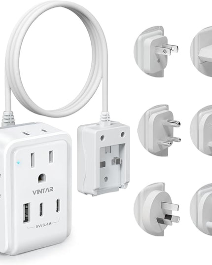 VINTAR Universal Travel Adapter Kit, 5ft Detachable Extension Cord with 4 AC Outlets & 3 USB(2 USB C), Type A/C/G/D/I/M International Power Adaptor for US to Europe UK India South Africa Japan