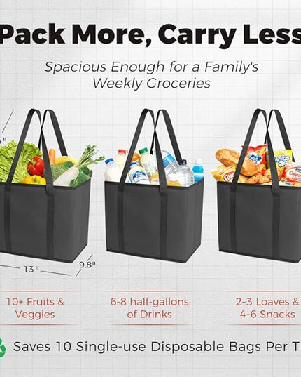 DOUKE Reusable Grocery Tote Bags, 3-Pack Heavy Duty Reusable Shopping Bags with Long Handles, Large Box Shape Tote Bags to Stand Up, Stay Open, Fold Flat (Black)