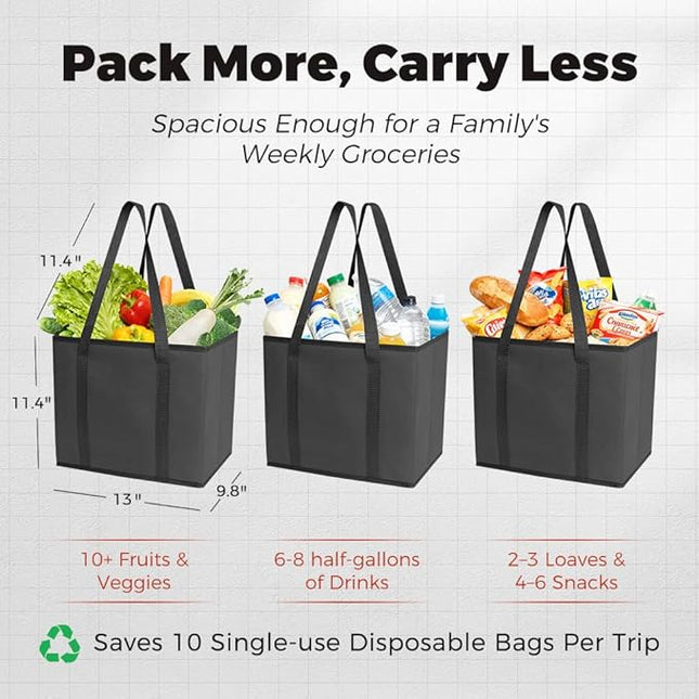 DOUKE Reusable Grocery Tote Bags, 3-Pack Heavy Duty Reusable Shopping Bags with Long Handles, Large Box Shape Tote Bags to Stand Up, Stay Open, Fold Flat (Black)