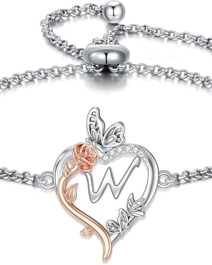 TOUPOP Gifts for Women Rose Heart Initial Bracelet 925 Sterling Silver Butterfly Letter Link Bracelet Love Jewelry Valentines Day Birthday Gifts for Her Wife Girlfriend Mom