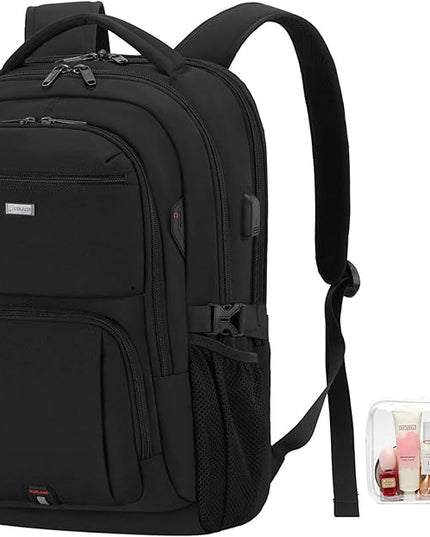 DUSLANG 17 Inch Laptop Backpack for Travel Water Resistant College Backpack for Men Women Laptop Bag with USB Charging Port and Clear Cosmetic Bag, Black