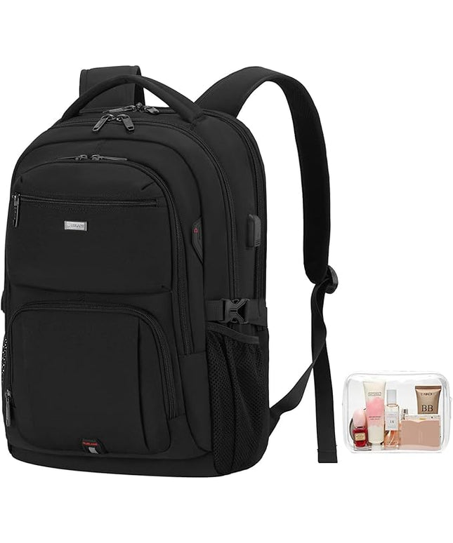 DUSLANG 17 Inch Laptop Backpack for Travel Water Resistant College Backpack for Men Women Laptop Bag with USB Charging Port and Clear Cosmetic Bag, Black