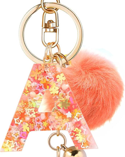 Resin Alphabet Initial Letter Keychain Keyring for Women Purse Handbags With Fur Ball Pom