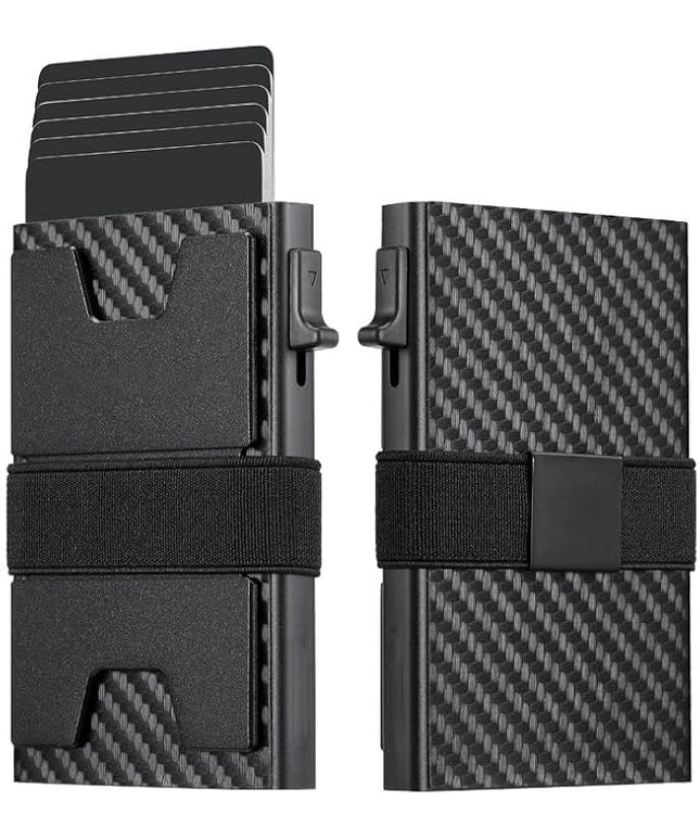 Jenoss Smart Pop Up Wallet for Men: Aluminum Card Holder Wallet, Slide Pop Up Case, Slim Metal RFID Blocking Credit Card Holder, Minimalist Compact 12+ Cards Slot Organizers ID Money Clip (Carbon)