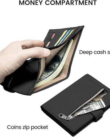 RFID Slim Passport Holder for Man & Women, Compact Leather Passport Wallet with Card Holders SIM Slots, Zippered Coins Pocket and Cash Holder Travel Passport Cover Case, Black