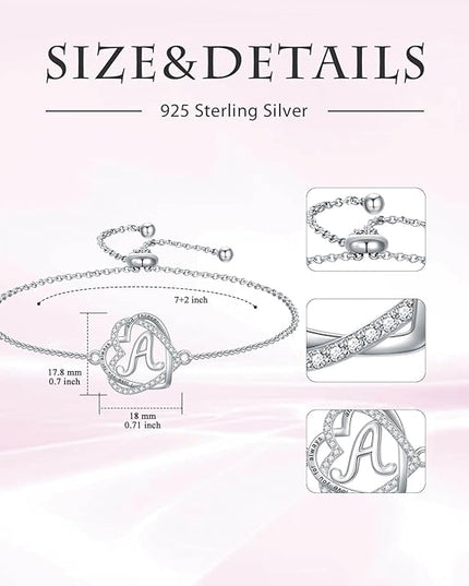 TOUPOP Gifts for Women Heart Initial Bracelet 925 Sterling Silver Double Heart Bracelet Birthday Jewelry Birthday Christmas Gifts for Her Wife Girlfriend