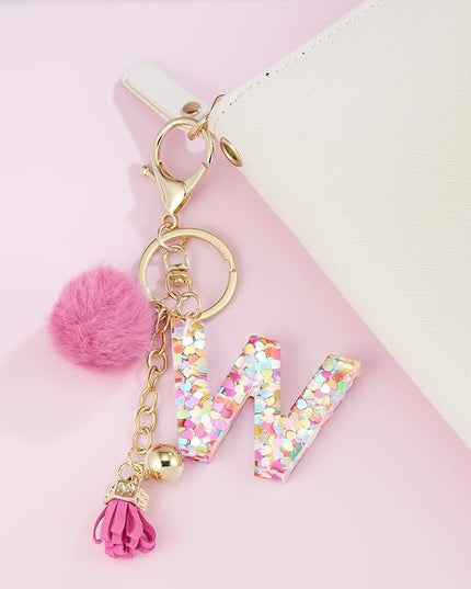 Resin Alphabet Initial Letter Keychain Keyring for Women Purse Handbags With Fur Ball Pom