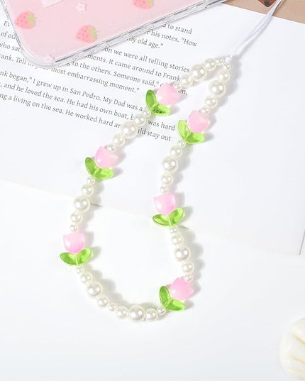Beaded Phone Charms Cute Aesthetic Tulip Lanyard Strap Girl Wrist Chain, Phone Keychain Decoration for Wallet AirPods-Pink
