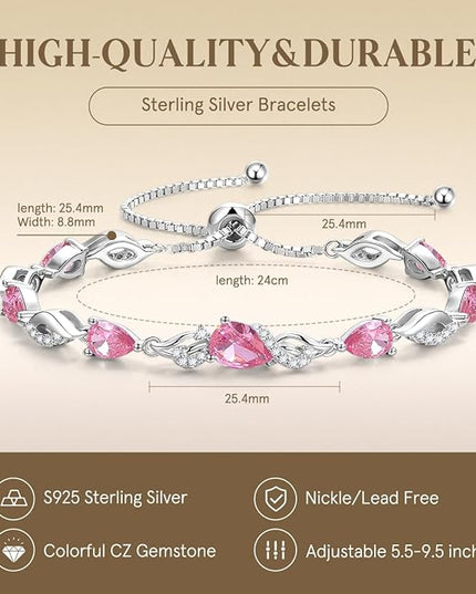 FANCIME Birthstone Teardrop Tennis Bracelet for Women, Sterling Silver 9x7mm main Gemstone Bolo Adjustable Chain Bracelet Fine Jewelry Birthday Gifts for Women Mom Wife Her