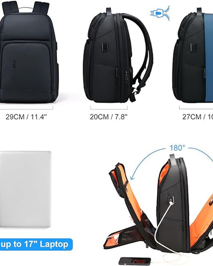 FENRUIEN 17 Inch Travel Backpack for Men, Expandable Water Resistant Computer Backpack with USB Port, Black Laptop Bag for Business/College/Work