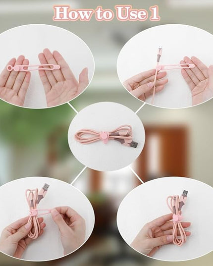 12pcs Pink Silicone Cable Ties, Multipurpose Elastic Cord Organizer for Bundling and Fastening, Office/Home/Kitchen/School/Travel Organization