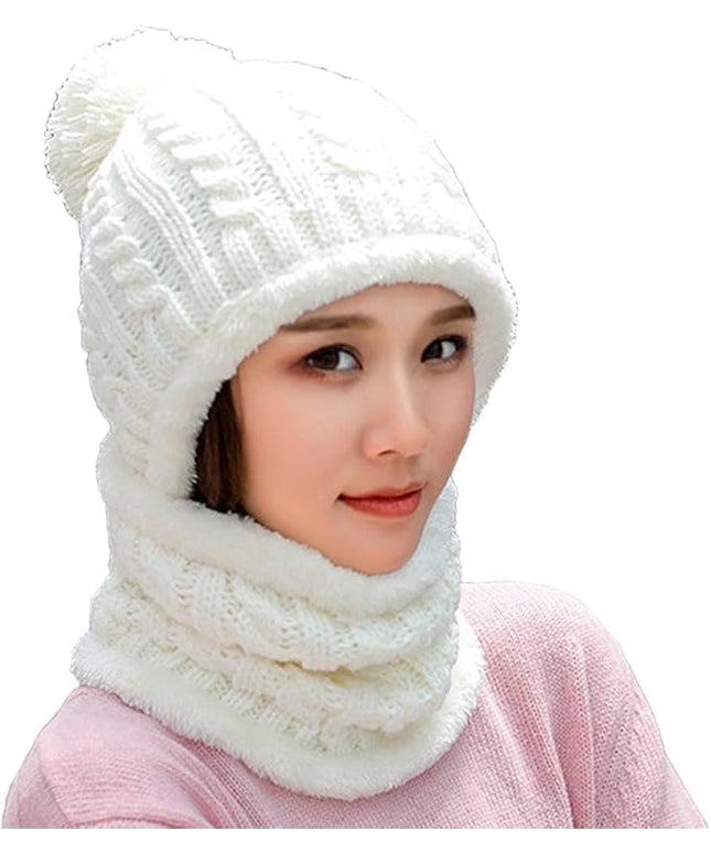 HUAMULAN Women Winter Beanie Hats One Piece Fleece Lined Knit Balaclavas Mask Set Skull Neck Circle Scarf Ski Snow Hat Pompom