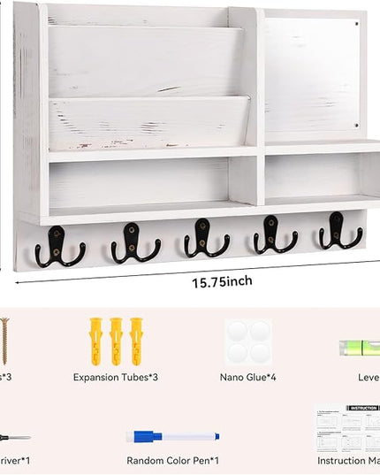 ClyraStor Key Holder Wall Mount, Mail Organizer Wall Mounted, Solid Wood Key Holder for Wall Living Room Entryway Home Decor, with 10 Key Hooks, Shelf, Marker Pen, 2 Installation Methods, 15" x 10"