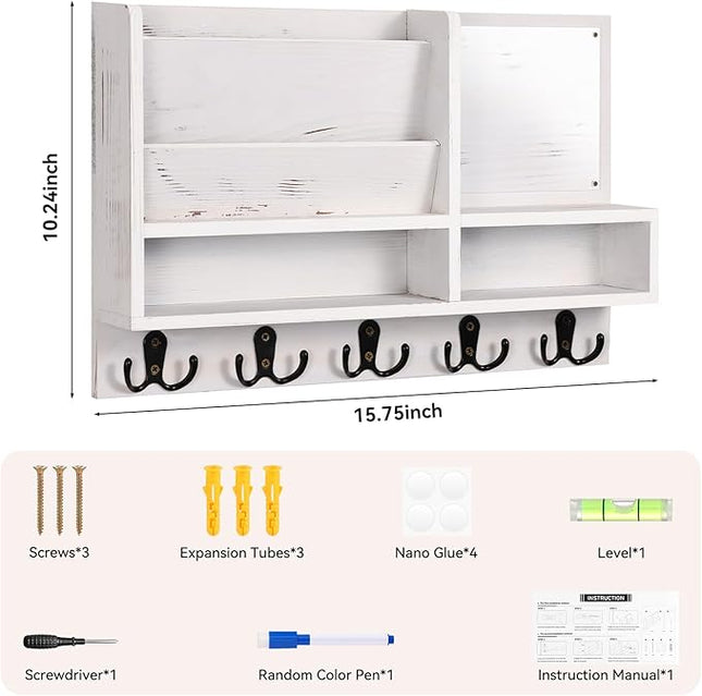 ClyraStor Key Holder Wall Mount, Mail Organizer Wall Mounted, Solid Wood Key Holder for Wall Living Room Entryway Home Decor, with 10 Key Hooks, Shelf, Marker Pen, 2 Installation Methods, 15" x 10"