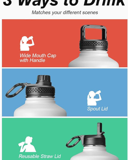 Coolflask 128 oz Gallon Water Bottle Insulated with Straw &3 Lids, Water Jug Large Stainless Steel Metal Vacuum Wide Mouth for Sports, Gym or Office, Non-BPA Keep Cold 48H Hot 24H, White