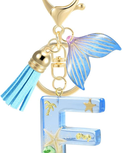 Initial letter Keychains for Women, Ocean Series Avowing Protect Earth Environment, Tassel Cute Car Keychain Initial Key Chain Keyring for Bookbag Handbag Backpack Charm Key Ring Unisex (Letter F)