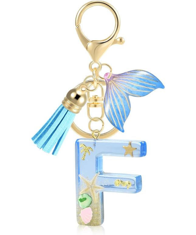 Initial letter Keychains for Women, Ocean Series Avowing Protect Earth Environment, Tassel Cute Car Keychain Initial Key Chain Keyring for Bookbag Handbag Backpack Charm Key Ring Unisex (Letter F)