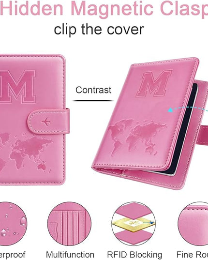 Passport Holder Cover Initail Letter A-Z Travel Wallet Embossed Design RFID Blocking Card Holder Personalized Gift Passport Cover Wallet, Passport Book Holders for Women and Girls, Pink-M