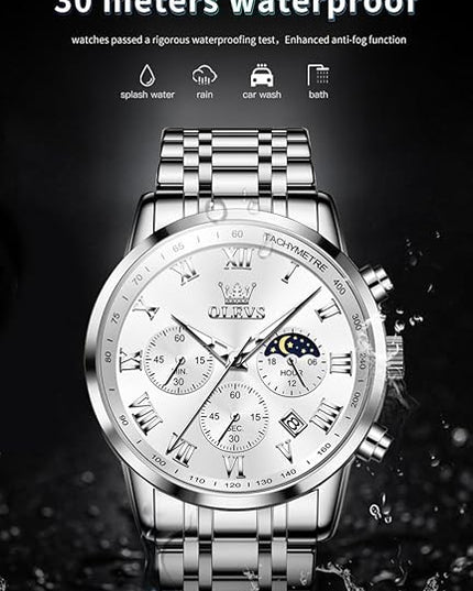 OLEVS Mens Watch Luxury Big Face Stainless Steel Analog Quartz Multifunctional Waterproof Luminous Date Two Tone Fashion Dress Wrist Watches for Man