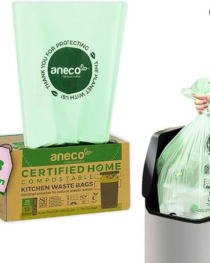 ANECO 100% Compostable Food Waste Bags 13 Gallon, 35 Count, Extra Thick Kitchen Compost Bags, Large Compostable Bags for Tall Kitchen Bin (Pack of 1)