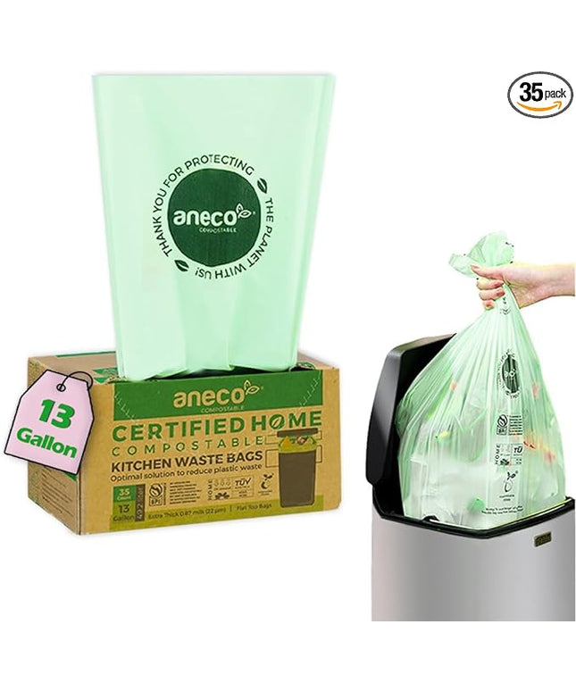 ANECO 100% Compostable Food Waste Bags 13 Gallon, 35 Count, Extra Thick Kitchen Compost Bags, Large Compostable Bags for Tall Kitchen Bin (Pack of 1)