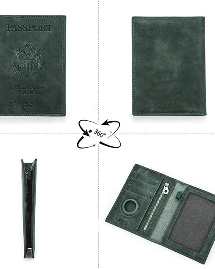 CONTACTS Full Grain Leather Passport Holder RFID Blocking Travel Passport Wallet Compatible Airtag Passport Cover Case with 4 Card Slots, Coin Pocket (Badge, Green)