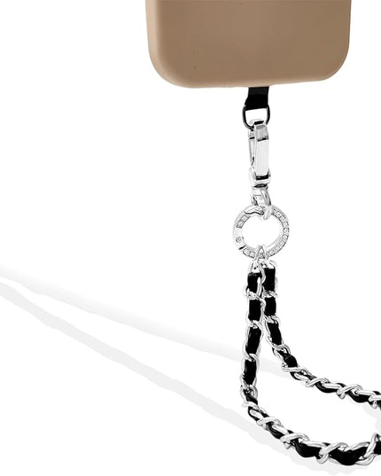 Phone Wrist Strap with Metal Chain Phone Lanyard Wrist with 2 Tether Tabs Metal Leather Cellphone Charm Phone Chain