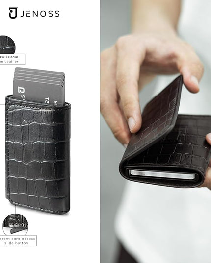 Jenoss Smart Wallet For Men: Full Grain Leather, Handcrafted, Slide Metal Pop Up Case, Slim RFID Blocking Credit Card Holder, Minimalist Compact, 6-8 Cards Organizers, Front Pocket, Money Clip (Black)