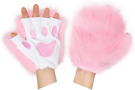 HAOAN Wolf Paw Gloves Faux Fur Cat Fingerless Mittens Winter Warm Cosplay Halloween Fancy Party Costume Accessories