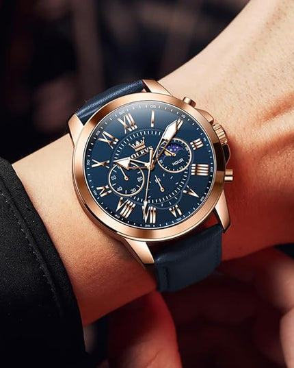 OLEVS Men's Watches Leather Strap Analog Quartz Watch, Fashion Big Dial Date Waterproof Watch, Dress Luxury Luminous Men Watches