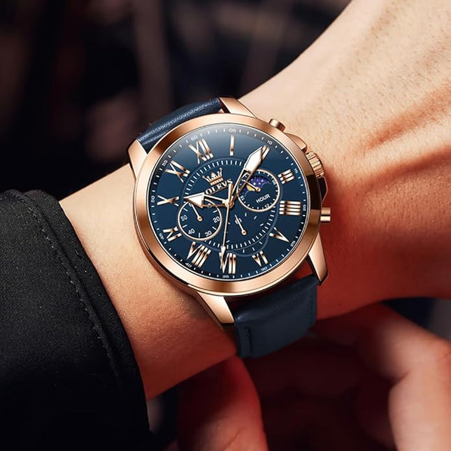 OLEVS Men's Watches Leather Strap Analog Quartz Watch, Fashion Big Dial Date Waterproof Watch, Dress Luxury Luminous Men Watches