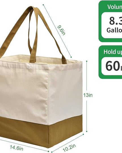 3 Pack Canvas Reusable Grocery Bags Heavy Duty, 8.3 gal Foldable Large Tote Bag with Handles, Holds 60 lbs Canvas Shopping Bags & Washable Eco-friendly Bags with 5 Pockets, camel+Off white