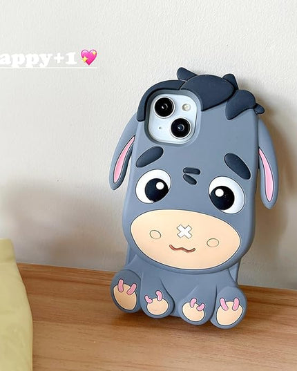 Case Compatible with iPhone 15 Pro Max,Cute 3D Kawaii Funny Grey Donkey Cartoon Cover with Keychain Soft Silicone Gel Drop Protector Women Girls