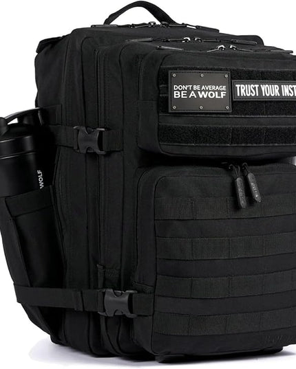WOLFpak 35L Athletic Gym Backpack - Durable 1000D Waterproof Oxford Material with MOLLE Webbing, Laptop Pocket & Dual Cup Holders, Durable Fitness/Travel/Military Daypack (Alpha Black)