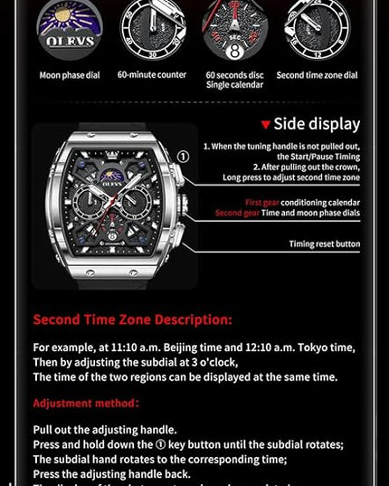 OLEVS Watches for Men Casual Luxury Large Face Multifunctional Chronograph Men's Watches Durable Silicone/Nylon Strap 3ATM Waterproof Men Watch Date Moon Phase Analog Quartz Watch Reloj para Hombre