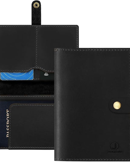 Jack&Chris Genuine Leather Passport Holder For Travel, RFID Blocking Handmade Passport Holder with Card Case Organized & Safe, Quality Travel Essentials for Women and Men for Gifting, Black