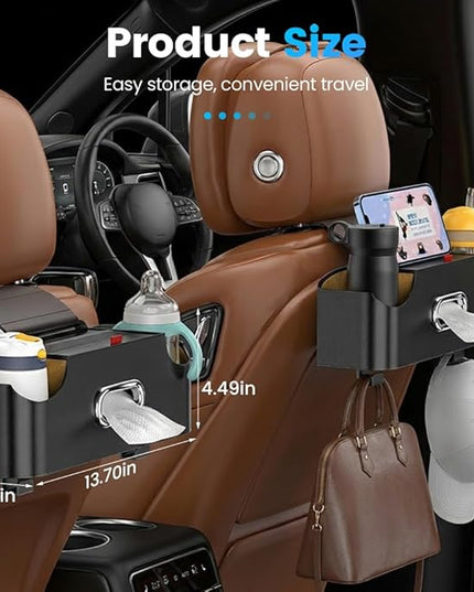 Back Seat Car Organizer, 4-in-1 Car Backseat Organizer with Cup Holder and Storage, Universal Leather Multifunctional Seat Back Storage with Tissue Box,Phone Holder, Trash Bin & Hooks (BROWN)