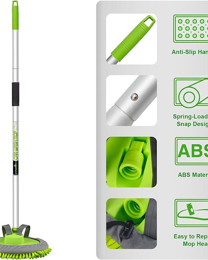 anngrowy 62" Microfiber Car Wash Brush Mop Kit Mitt Sponge with Long Handle Car Cleaning Supplies Kit Duster Washing Car Tools Accessories, 1 Chenille Scratch-Free Replacement Head Aluminum Alloy Pole
