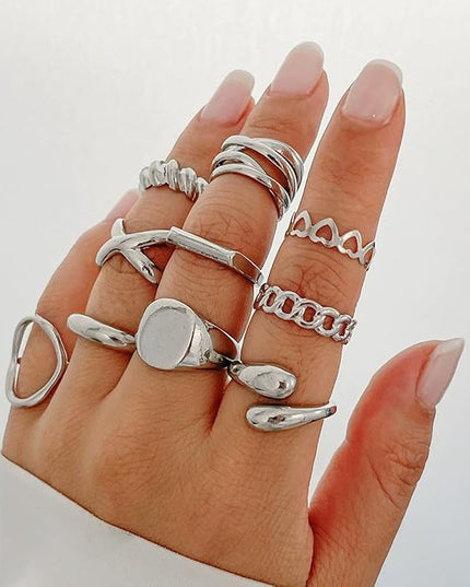 GiftInBox Gold Chunky Rings Set for Women Open Stacking Knuckle Ring Adjustable Round Dome Rings Set Minimalist Irregular Statement Women Ring Jewelry Gift