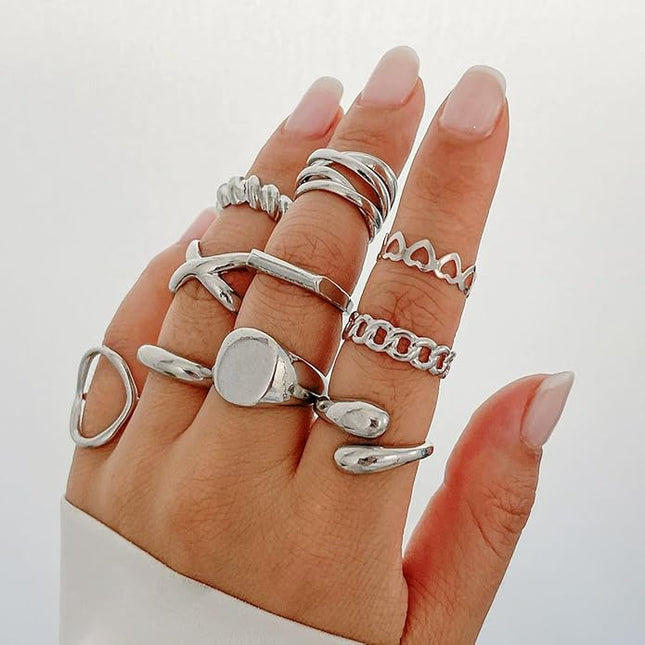 GiftInBox Gold Chunky Rings Set for Women Open Stacking Knuckle Ring Adjustable Round Dome Rings Set Minimalist Irregular Statement Women Ring Jewelry Gift