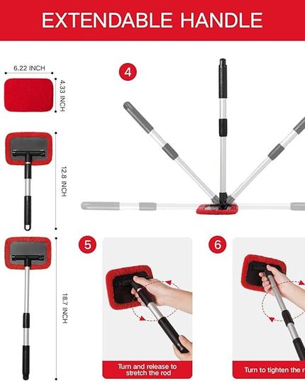 11pcs Windshield Cleaner Tool, Car Window Cleaning Wash Kit with 6 Reusable Microfiber Pads 2 Spray Bottles and Extendable Handles Auto Glass Wiper Kit, Red