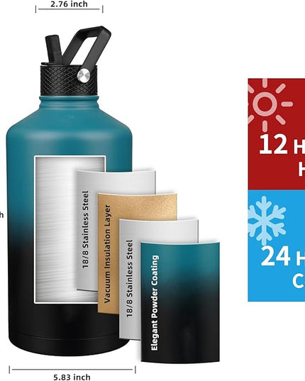 Insulated Water Bottle 128oz,Triple Wall Vacuum Stainless Steel(Dishwasher Safe),Leak Proof & Non-BPA,Flask Jug with Paracord Handle & Straw Spout Lids Sports Gradient indigo blue/black