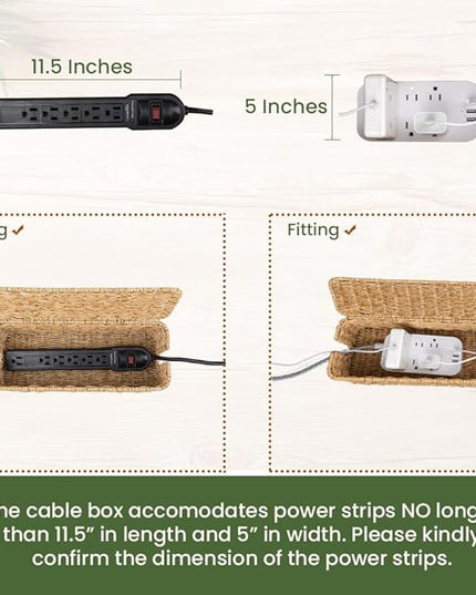 Cable Management Box, Handmade Rattan Cable Organizer with 2 Open Slots, Cord Hider for Power Strip, Router & USB Hub, Registered U.S. Design Patent (D1,112,102), 13" x 5.1" x 5.1", Natural