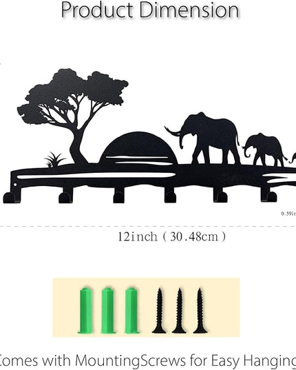BooWoodNeonMetal Elephant Family Metal Key Hook Rack - African Savannah Sunset Wall Decor - Practical and Artistic Key Organizer, Hallway, Kitchen, Office