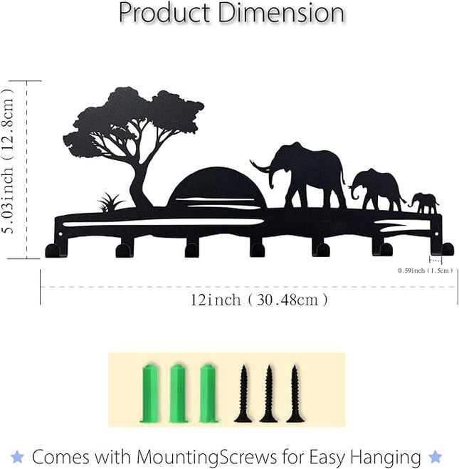 BooWoodNeonMetal Elephant Family Metal Key Hook Rack - African Savannah Sunset Wall Decor - Practical and Artistic Key Organizer, Hallway, Kitchen, Office