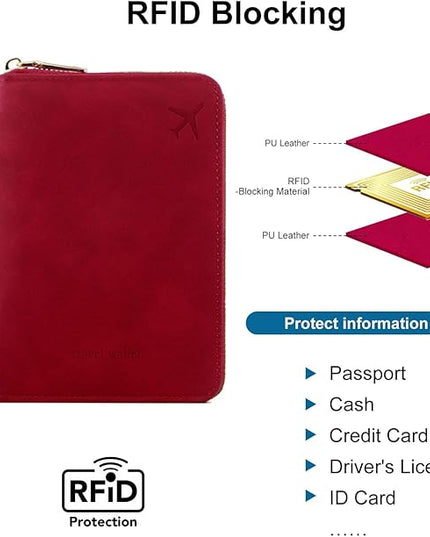 Passport Holder for Travel Women and Men RFID Passport Holder with Card Slots Holder Passport Case Passport cover Passport Wallet Travel Essentials and Accessories (Short Zipper, SZH-Red)