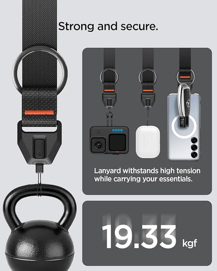 Spigen Universal Lanyard Wrist Strap with Keychain for iPhone, ID Badge Wallet Holder, AirPods, Cameras, Keychain & Everyday Carry, Durable Carabiner with Wrist Strap - Black