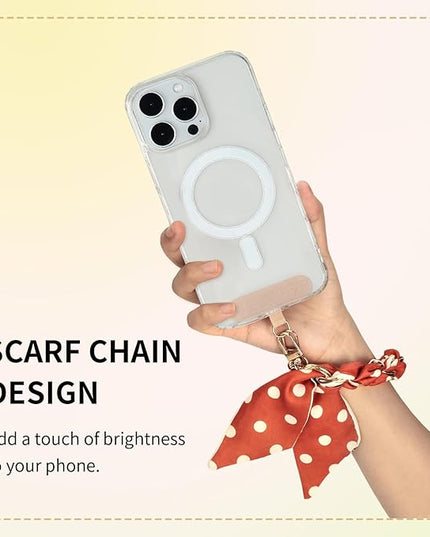 Fycyko Phone Wrist Strap with Gold Metal Scarf and Universal Tether Tab, Aesthetic Print Design Ribbon Chain, Multi-Purpose Accessories for Bag Key Cellphone for Men Women Girls-Orange Polka Dot