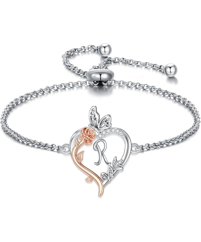 TOUPOP Gifts for Women Rose Heart Initial Bracelet 925 Sterling Silver Butterfly Letter Link Bracelet Love Jewelry Valentines Day Birthday Gifts for Her Wife Girlfriend Mom